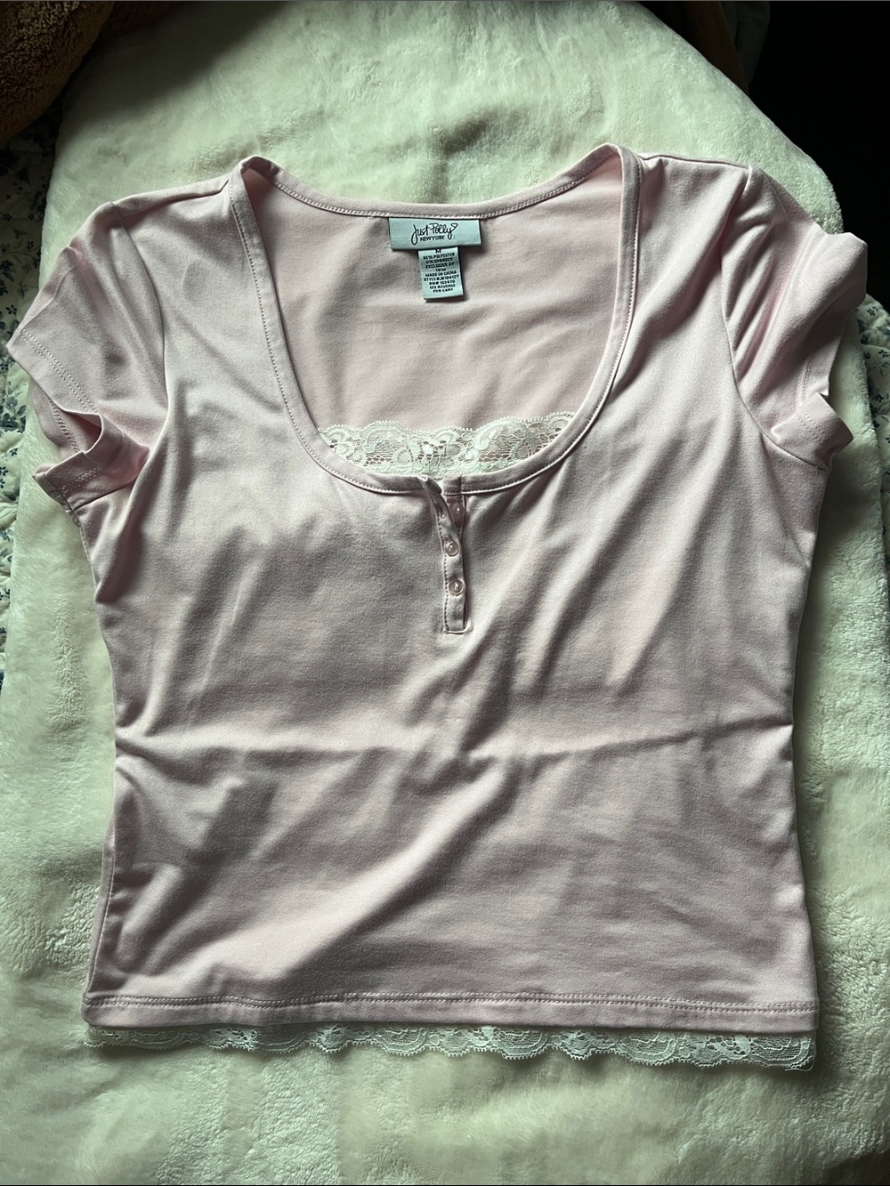 Light Pink Lace-Trim Scoop Neck Henley Tee